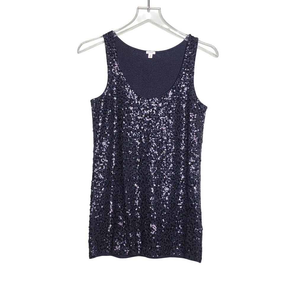 J Crew Sequin Scoop Neck Tank Top Black Party Cotton Modal Linen S